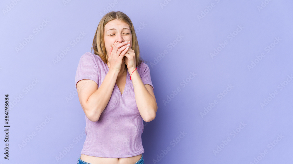 Young blonde woman isolated on purple background suffers pain in throat due a virus or infection. Young blonde woman isolated on purple background suffers pain in throat due a virus or infection.