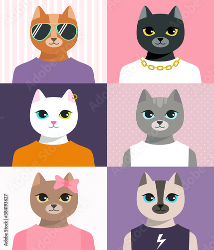 Set of humanized cats portraits. Fashion cartoon animals in clothes. Colored characters avatars in t-shirts and glasses