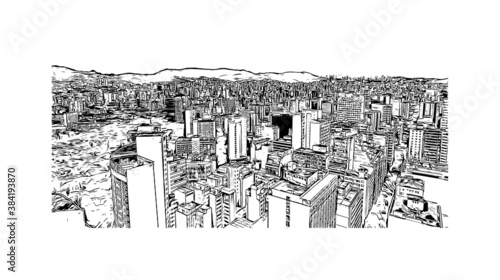 Building view with landmark of Belo Horizonte is the capital city of southeastern Brazil. Hand drawn sketch illustration in vector.