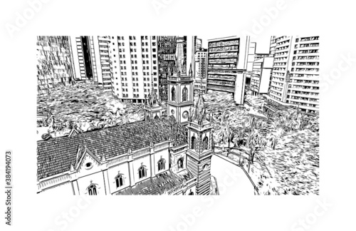 Building view with landmark of Belo Horizonte is the capital city of southeastern Brazil. Hand drawn sketch illustration in vector.