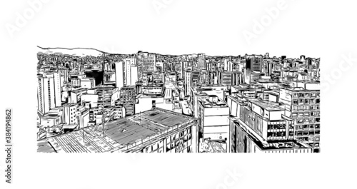 Building view with landmark of Belo Horizonte is the capital city of southeastern Brazil. Hand drawn sketch illustration in vector.
