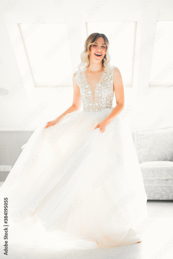 Luxury bride in white dress posing while preparing for the wedding ceremony Luxury bride in white dress posing while preparing for the wedding ceremony