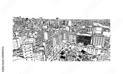 Building view with landmark of Belo Horizonte is the capital city of southeastern Brazil. Hand drawn sketch illustration in vector.