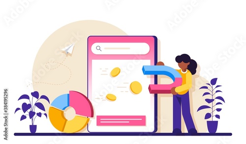 Contextual advertsing online service or platform. Woman with a magnet attracts coins. Marketing campaign and social network advertising. Modern flat illustration.