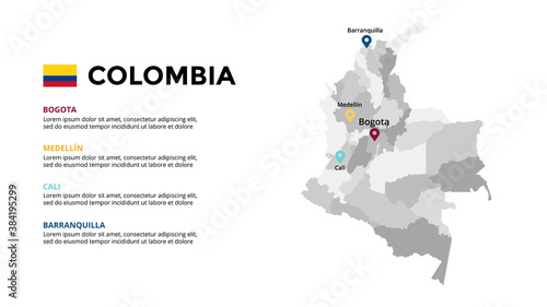 Colombia vector map infographic template. Slide presentation. Global business marketing concept. South America country. World transportation geography data. 
