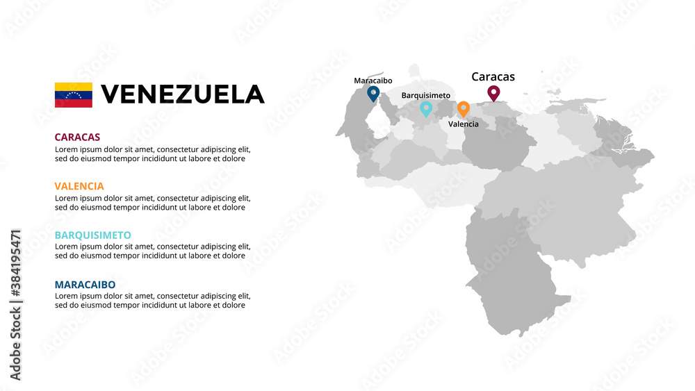 Venezuela vector map infographic template. Slide presentation. Global business marketing concept. South America country. World transportation geography data. 