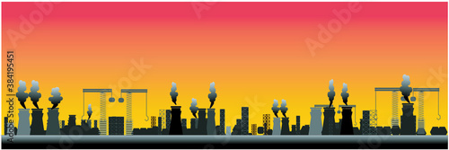 large industrial factory on orange sunset background. Sources of air pollution The concept of global warming.With broken soil.