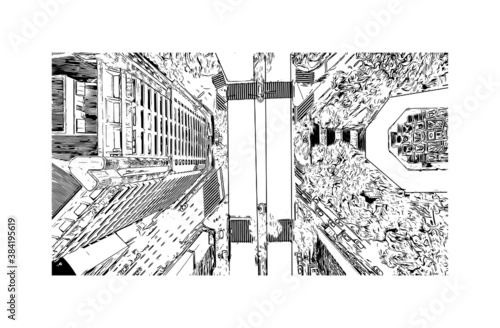 Building view with landmark of Belo Horizonte is the capital city of southeastern Brazil. Hand drawn sketch illustration in vector.