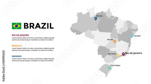 Brazil vector map infographic template. Slide presentation. Global business marketing concept. South America country. World transportation geography data. 