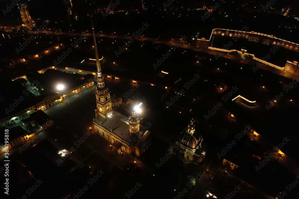 Aerial Townscape of Saint Petersburg City at Night. Peter Pavels Fortress