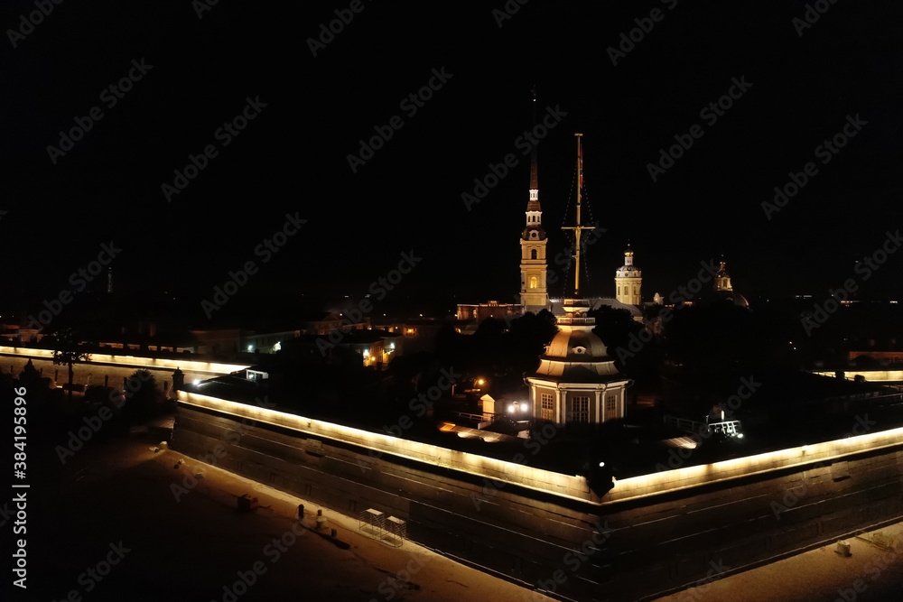 Aerial Townscape of Saint Petersburg City at Night. Peter Pavels Fortress