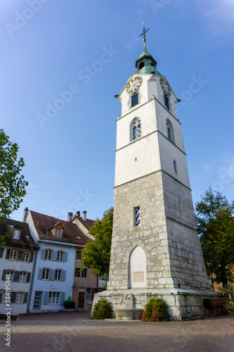 view of the historic city tower in the old town of Olten