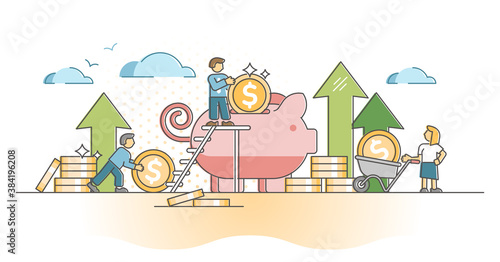 Money savings as financial cash stack deposit in piggy bank outline concept