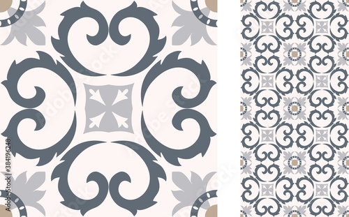 Seamless Azulejo tile. Portuguese and Spain decor. Ceramic tile. Vector hand drawn illustration, typical portuguese and spanish tile	
