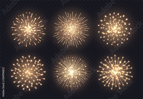 Golden fireworks collection, realistic firecracker explosions set isolated on a dark transparent background. Festive Christmas pyrotechnic show. Vector light effect.