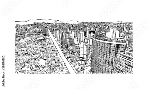 Building view with landmark of Belo Horizonte is the capital city of southeastern Brazil. Hand drawn sketch illustration in vector.