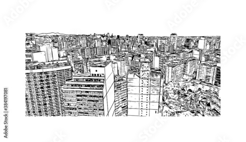 Building view with landmark of Belo Horizonte is the capital city of southeastern Brazil. Hand drawn sketch illustration in vector.