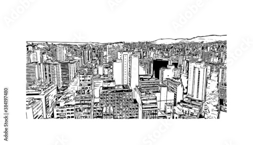 Building view with landmark of Belo Horizonte is the capital city of southeastern Brazil. Hand drawn sketch illustration in vector.