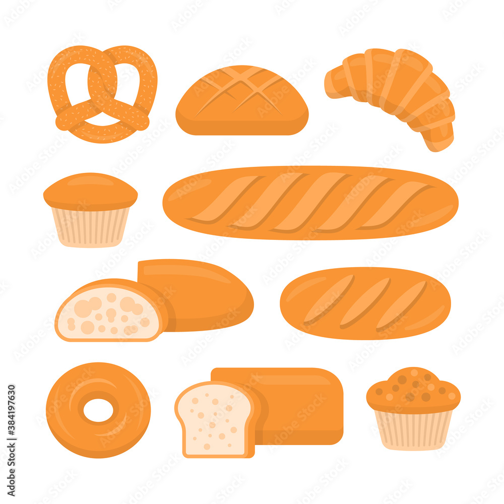 Different Types of Bread. Bakery Products. Pretzel, Bun, Croissant, Plain Cupcake, Baguette, Ciabatta, Loaf, Bagel, Bread, and Muffin.