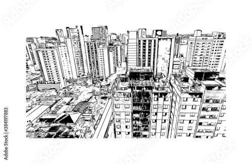 Building view with landmark of Belo Horizonte is the capital city of southeastern Brazil. Hand drawn sketch illustration in vector.