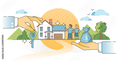 Mortgage home purchase with money and key exchange process outline concept