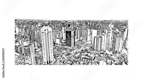 Building view with landmark of Belo Horizonte is the capital city of southeastern Brazil. Hand drawn sketch illustration in vector.