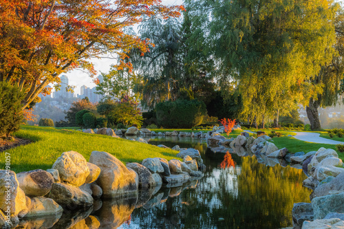 A beautiful autumn day, an ornamental pond in the city park, a reflection of  trees and stones in the water on the mirror surface of the water  photo