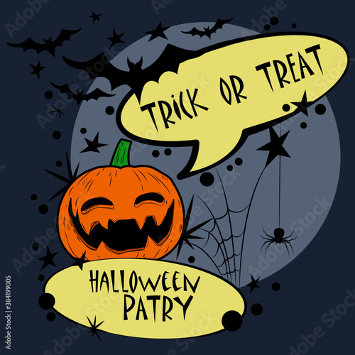 Funny pumpkin comics illustration. Comics style Halloween illustration. Smiling pumpkin  bats  Halloween party and speech balloon  Trick or treat .