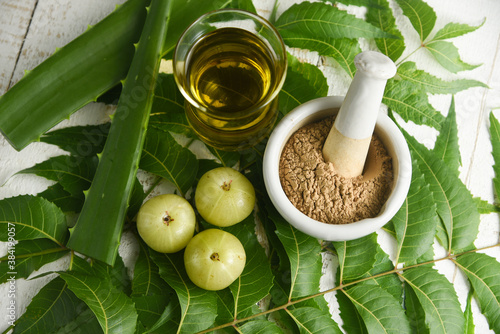 Konstfotografi Ayurvedic herbs neem leaves , neem oil ,  amla berry , amla powder , aloe vera for Ayurvedic Oil or Herbal Hair Oil preparation ingredients
