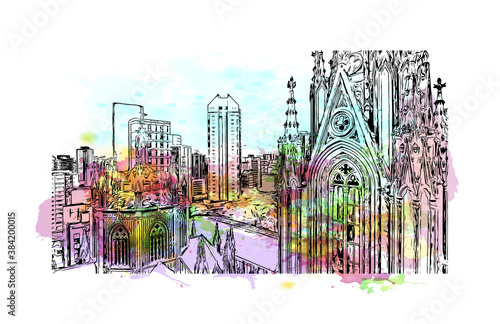 Building view with landmark of Belo Horizonte is the capital city of southeastern Brazil. watercolour splash with hand drawn sketch illustration in vector.