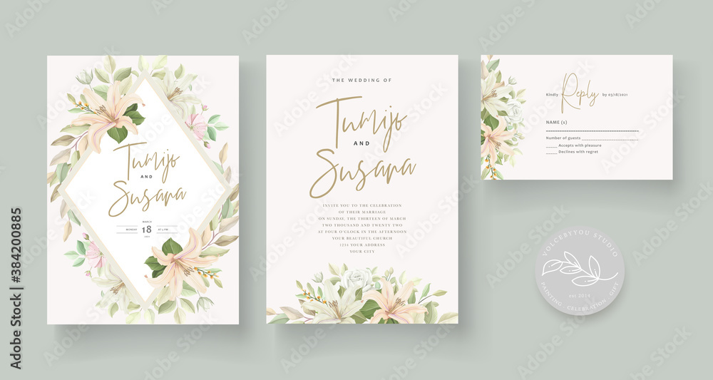Beautiful lily flower wedding invitation card