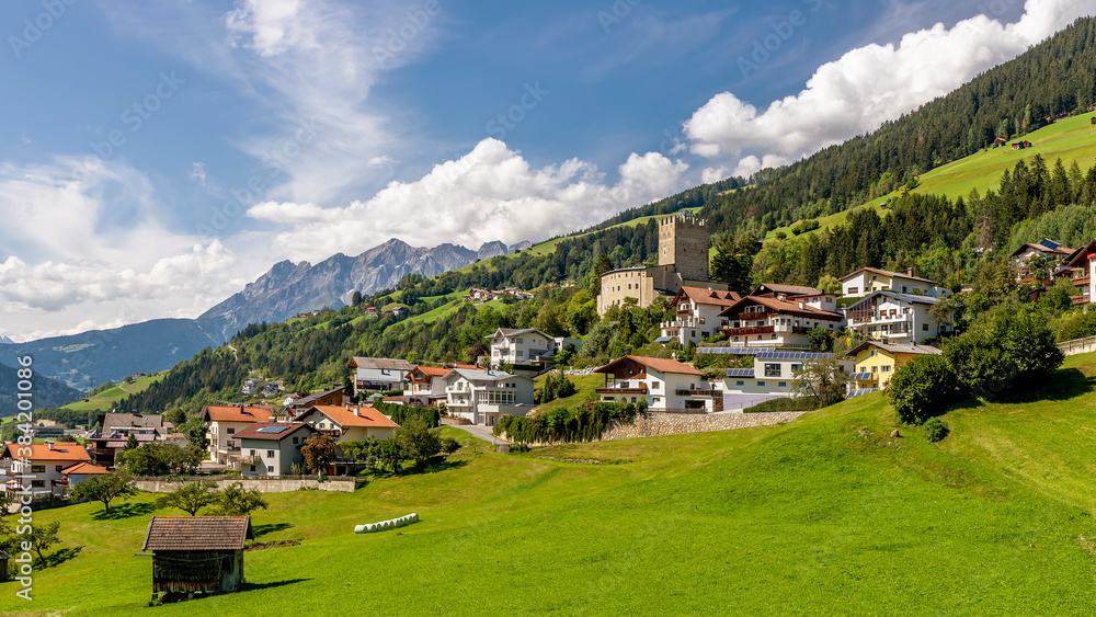 Panoramic view of Fließ in the Landeck district, Austria, on a sunny day