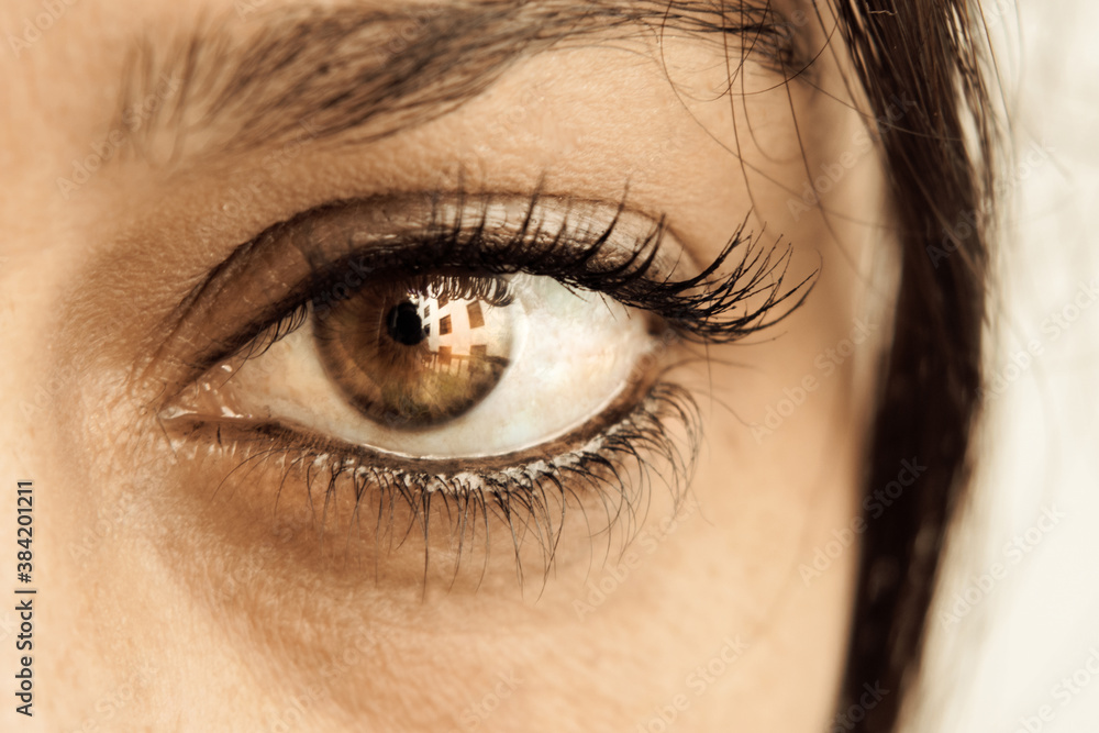 Obraz premium A building that is reflected in the eye