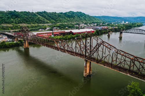 These are aerials of the abandoned cantilevered Bellaire Interstate Toll Bridge crosses the Ohio River between Bellaire, Ohio, and Benwood, West Virginia.