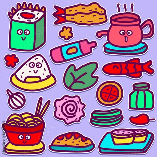 hand drawn kawai doodle cartoon food designs for wallpaper, stickers, coloring books, pins, emblems, logos and more