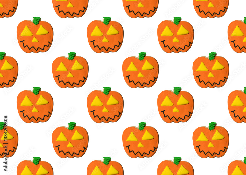 Cookie on halloween. Pumpkin Jack-o-lantern cookie candy. Trick or treat Happy Halloween. Seamless pattern isolated on white background. Cookie on halloween. Pumpkin Jack-o-lantern cookie candy. Trick or treat Happy Halloween. Seamless pattern isolated on white background.