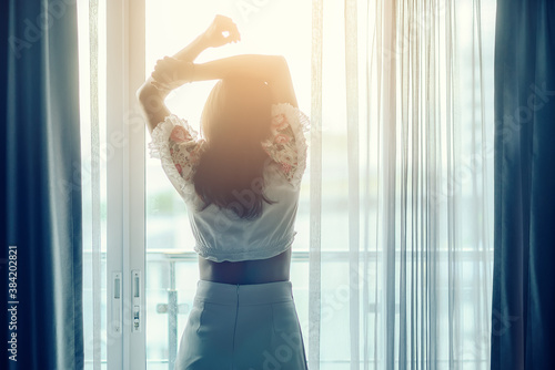 Beautiful Asian woman waking up from good sleep in weekend morning taking some rest,Easy lifestyle enjoying concept,back view Free Download Beautiful Asian woman waking up from good sleep in weekend morning taking some rest,Easy lifestyle enjoying concept,back view - GFXLoad