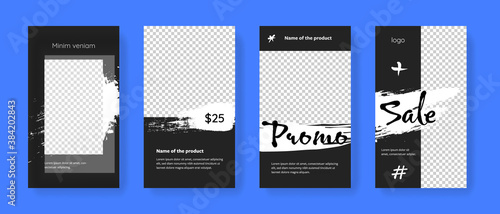 Modern brush elements for  instagram story with black accent and place for photo. Creative social media templates for business and company promotion