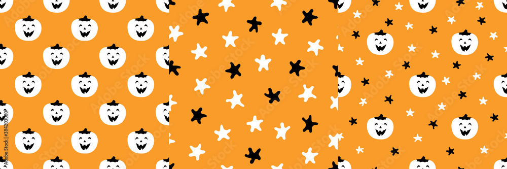 Set of seamless patterns with funny pumpkins and stars. Halloween vector illustration for decoration of backgrounds, leaflets, wallpaper, textiles, fabrics, prints, wrappers, additions to the design.
