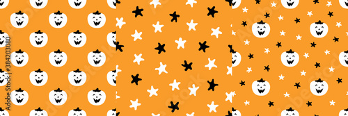 Set of seamless patterns with funny pumpkins and stars. Halloween vector illustration for decoration of backgrounds, leaflets, wallpaper, textiles, fabrics, prints, wrappers, additions to the design. © Viktoria_888