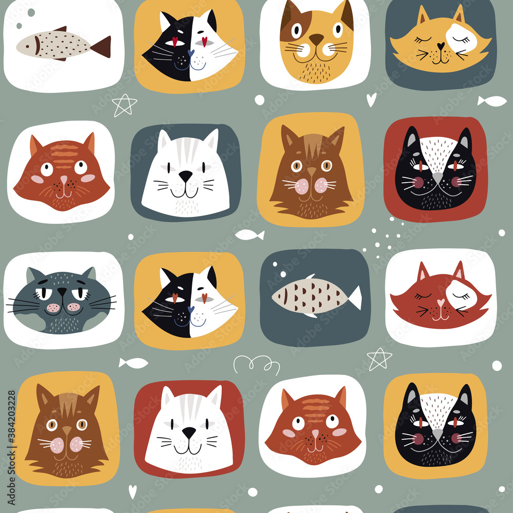 Fototapeta premium Seamless pattern with cute cats. Modern baby pattern. Great for fabric, textile. Vector illustration. 