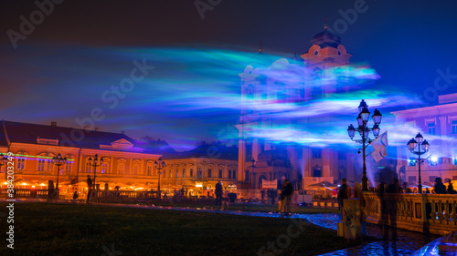 Northern lights reproduced from lasers and smoke in the center of Timisoara