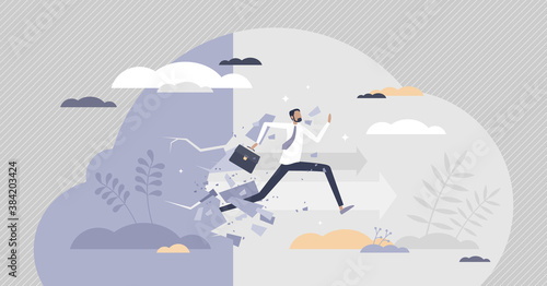 Overcoming obstacles as difficulty or problem in business tiny person concept