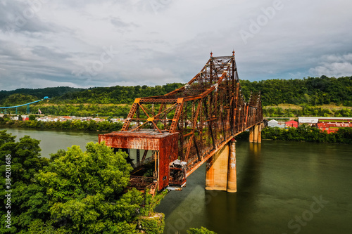 These are aerials of the abandoned cantilevered Bellaire Interstate Toll Bridge crosses the Ohio River between Bellaire, Ohio, and Benwood, West Virginia. photo