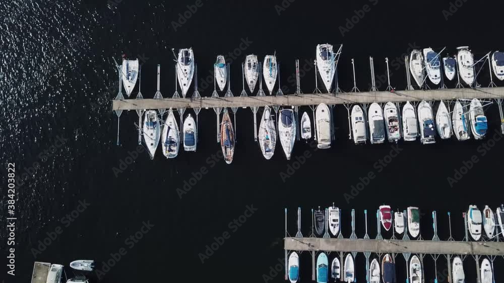 Oslo, Norway, Yacht and sailboats moored at the quay. 4k Aerial view. Top view harbor Oslo, Norway, Yacht and sailboats moored at the quay. 4k Aerial view. Top view harbor