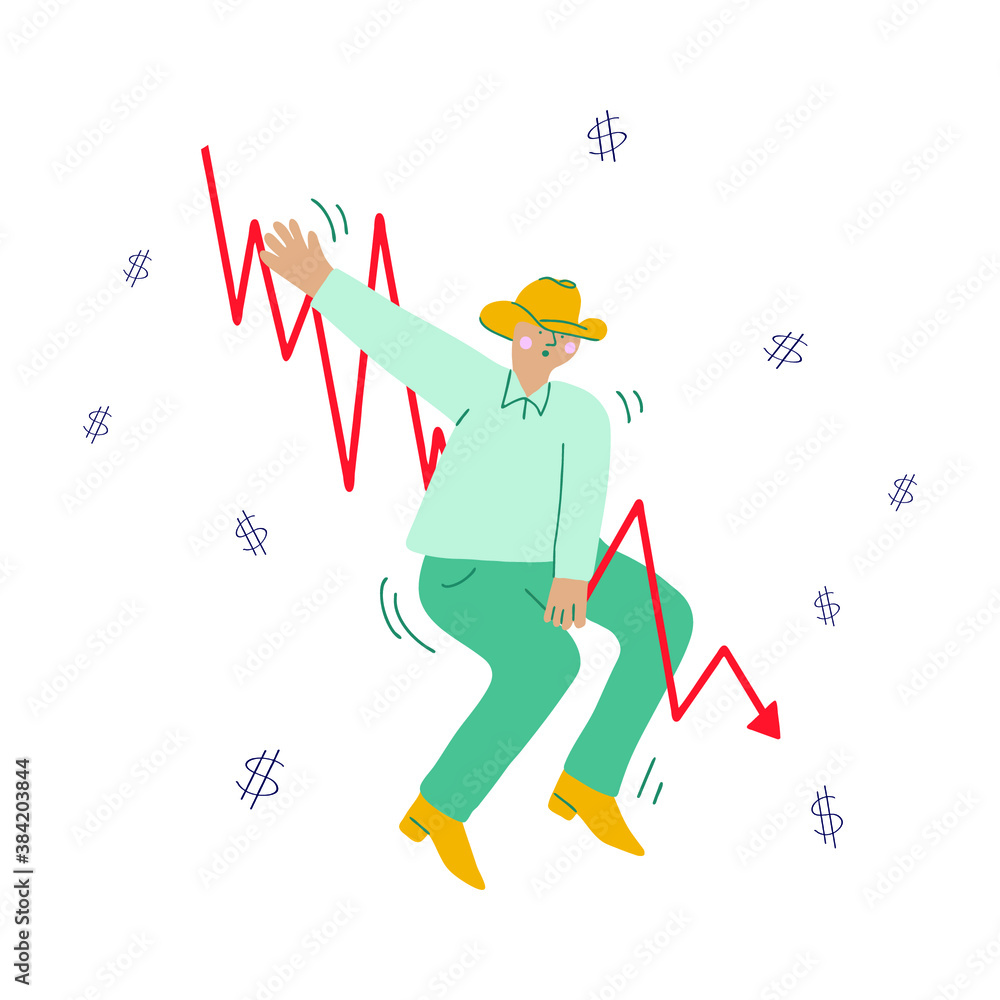 Vector illustration of a man cowboy jumping on a falling investment graph, losing money. Vector illustration of a man cowboy jumping on a falling investment graph, losing money.