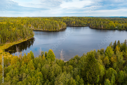 Fototapeta Naklejka Na Ścianę i Meble -  Blue lake and autumn green, yellow forest around. Aerial drone view. Karelia nature, Russia