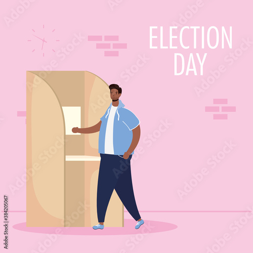 election day lettering with afro man in voting cubicle