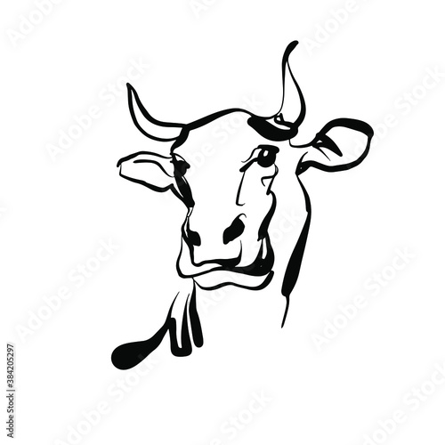 Cow head icon. Farm animal with horns one sketch. Hand drawn doodle ink outline drawing  stock vector illustration isolated on white background.