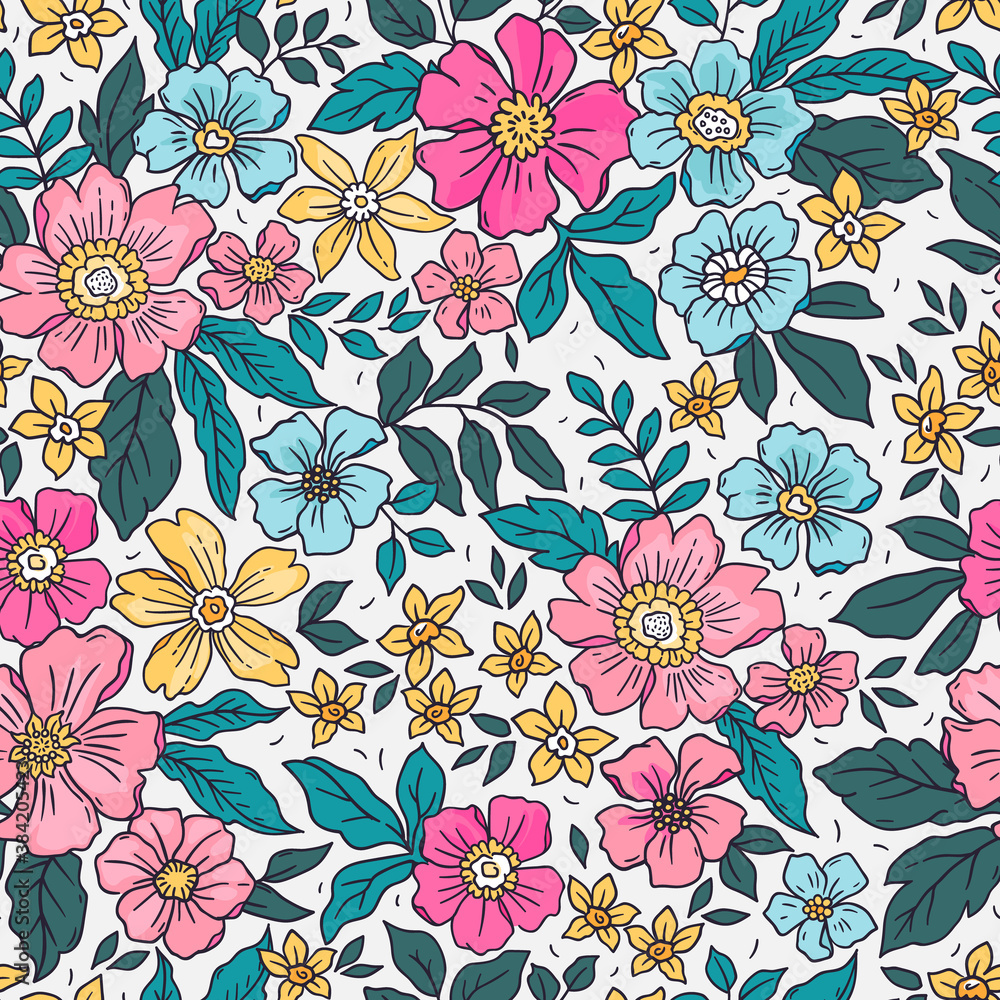 Vintage floral background. Seamless vector pattern for design and fashion prints. Flowers pattern with small colorful flowers on a white background. Ditsy style.